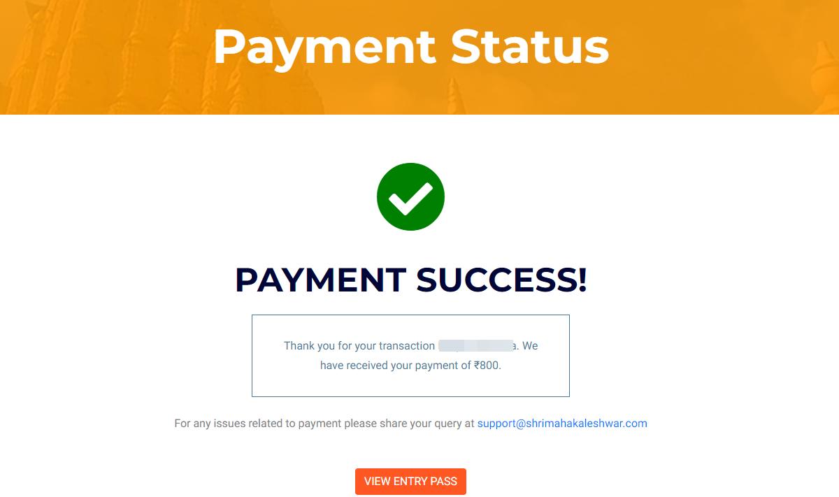 bhasma aarti Payment success